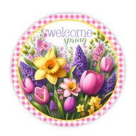 Nyomtatott fa tábla koszorú közép - Welcome Spring 14,8cm – koszorúkészítéshez