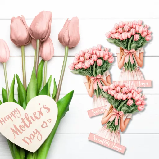 Nyomtatott dekorkarton - Tulipános lány 3db/csomag – anyák napi dekorációhoz