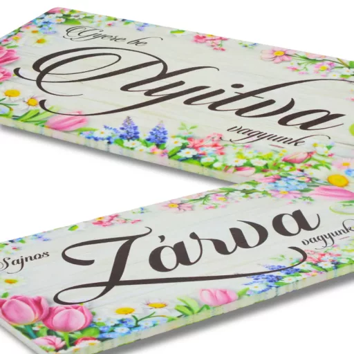 Nyomtatott fa tábla - Zárva-Nyitva 24,3x13cm - rózsaszín tulipános – húsvéti dekorációhoz