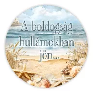   Nyomtatott fa tábla - Nyári Tenger téma 11,8cm, kerek, „A boldogság hullámokban jön...” felirat – nyári dekorációhoz