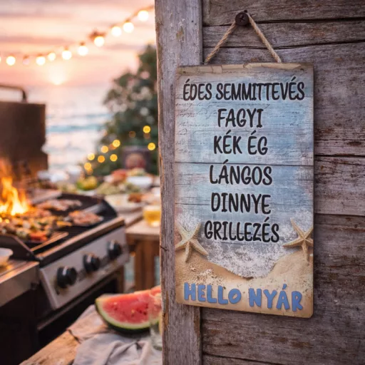 Nyomtatott fa tábla - Nyári Tenger téma 11,8cm, téglalap, „Hello nyár” feliratos listával – nyári dekorációhoz