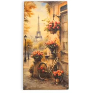   Nyomtatott fa tábla 8x16cm - Párizsi hangulat, Eiffel-torony, virágos kerékpár – otthoni és őszi dekorációhoz