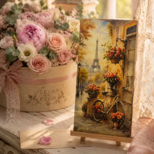 Nyomtatott fa tábla 8x16cm - Párizsi hangulat, Eiffel-torony, virágos kerékpár – otthoni és őszi dekorációhoz