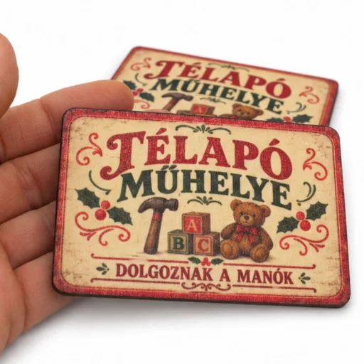 Nyomtatott fa tábla - Vintage karácsonyi tábla - Télapó műhelye 2db/csomag
