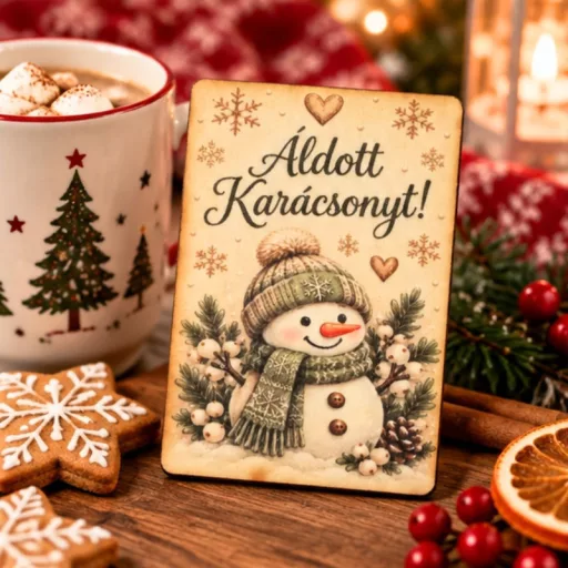 Nyomtatott fa tábla - Karácsonyi krém/zöld tábla - hóemberes 2db/csomag