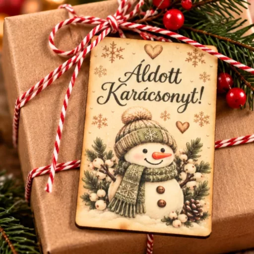Nyomtatott fa tábla - Karácsonyi krém/zöld tábla - hóemberes 2db/csomag