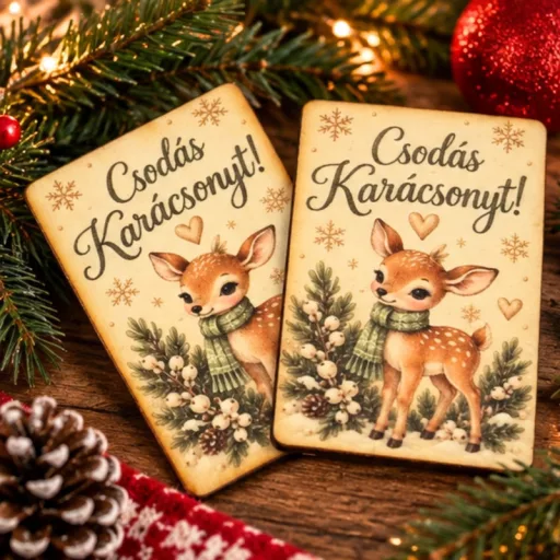 Nyomtatott fa tábla - Karácsonyi krém/zöld tábla - őzikés 2db/csomag