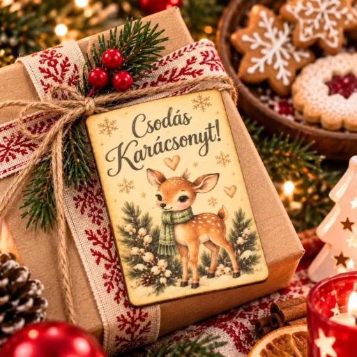 Nyomtatott fa tábla - Karácsonyi krém/zöld tábla - őzikés 2db/csomag