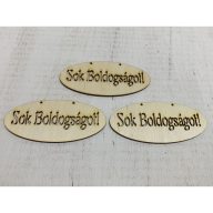Natúr fa - "Sok Boldogságot" áttört ovál tábla 6x14cm 3db/csomag – esküvői dekorációhoz