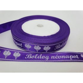   Szatén szalag lila "Boldog Névnapot" 1,5cm x 23méter