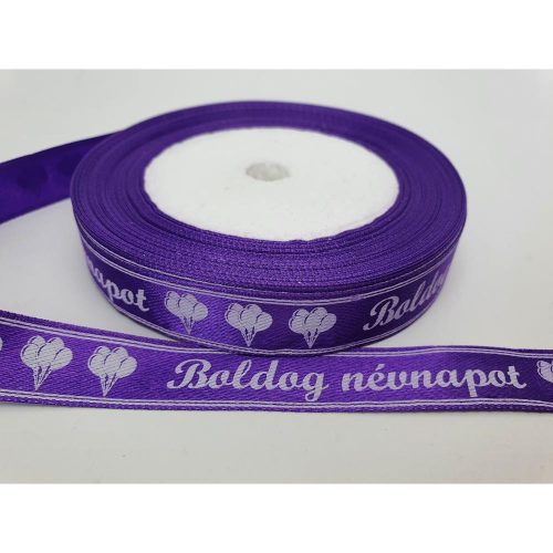 Szatén szalag lila "Boldog Névnapot" 1,5cm x 23méter