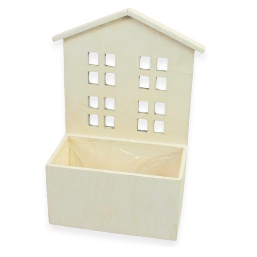 Házikós bélelt fa virágtartó fehér 24/#