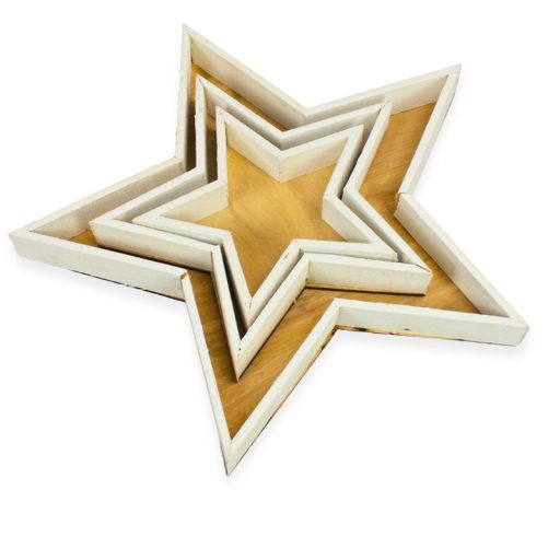 Fa tálca szett csillag  3db-os fehér/natúr 18/#