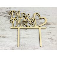 Natúr fa - "Mr & Mrs" tortadísz szíves 11,5cm – esküvői dekorációhoz