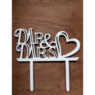 Fa - "Mr & Mrs" tortadísz szíves fehér 11,5cm – esküvői dekorációhoz