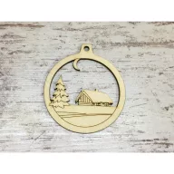 Natúr fa - Kerek dísz házikó 9cm – karácsonyi dekorációhoz