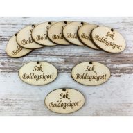 Natúr fa - "Sok Boldogságot!" ovál tábla 2,5x4cm 10db/csomag – esküvői dekorációhoz