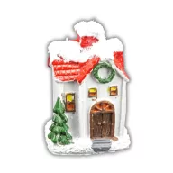 Kerámia havas fehér házikó fenyővel – koszorúhoz, asztaldíszhez