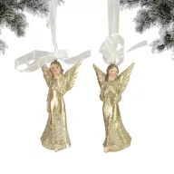1db Kerámia angyalka akasztható arany színű ruhában (2 féle) – karácsonyi dekorációhoz, koszorúhoz