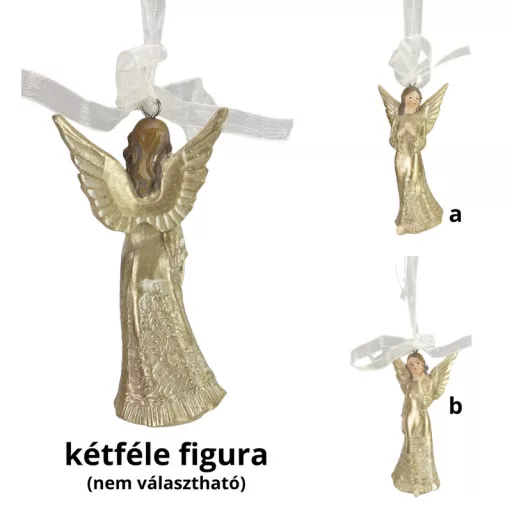 1db Kerámia angyalka akasztható arany színű ruhában (2 féle) – karácsonyi dekorációhoz, koszorúhoz
