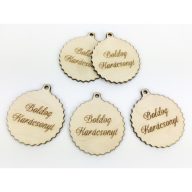 Natúr fa - "Boldog Karácsonyt" fodros gömb nagy 5db/csomag – karácsonyi dekorációhoz