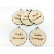 Natúr fa - "Boldog Karácsonyt" fodros gömb kicsi 5db/csomag – karácsonyi dekorációhoz