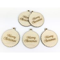 Natúr fa - "Merry Christmas" fodros gömb nagy 5db/csomag – karácsonyi dekorációhoz