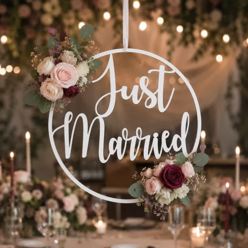 Natúr fa - "Just Married" felirat keretben  40cm – esküvői dekorációhoz