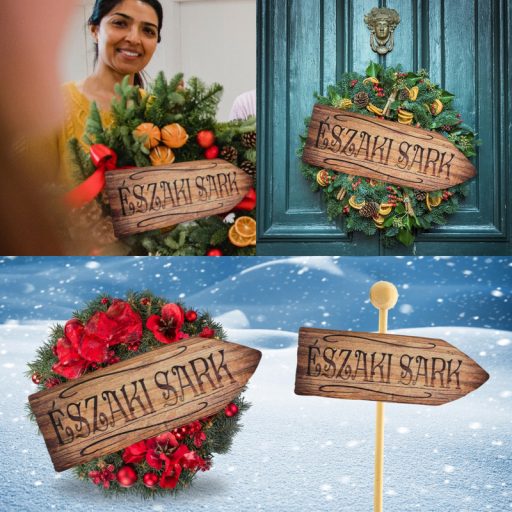 Nyomtatott dekorkarton - Északi sark útjelző 26cm – karácsonyi dekorációhoz #6507