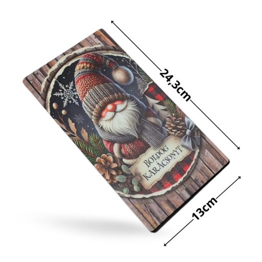 Nyomtatott fa tábla - Hoztál forrócsokit? manó 13x24,3cm – karácsonyi dekorációhoz