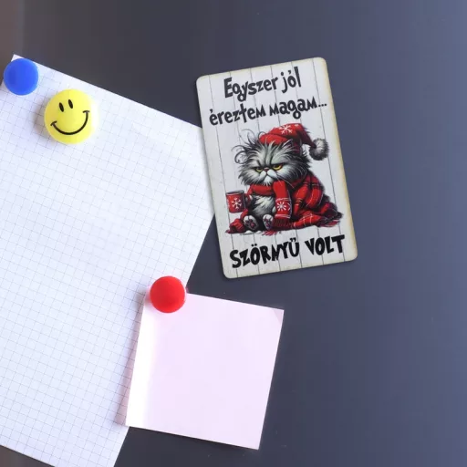Nyomtatott dekorkarton - Morcos macska "Egyszer.." hűtőmágnes – kreatív hobby projektekhez