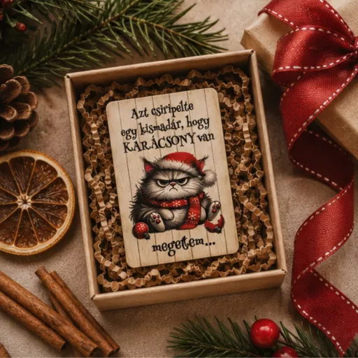 Nyomtatott dekorkarton - Morcos macska "Azt csiripelte.." hűtőmágnes