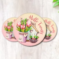 Nyomtatott fa tábla - Hello Tavasz - tulipános, kör 3db/cs – húsvéti dekorációhoz
