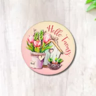 Nyomtatott fa tábla - Hello Tavasz - tulipános, kör 1db – húsvéti dekorációhoz
