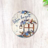 Nyomtatott fa tábla - Isten Hozott - kék, kör 1db – nyári dekorációhoz