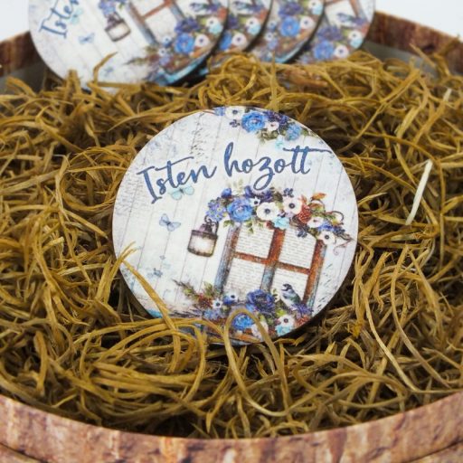 Nyomtatott fa tábla - Isten Hozott - kék, kör 1db – nyári dekorációhoz