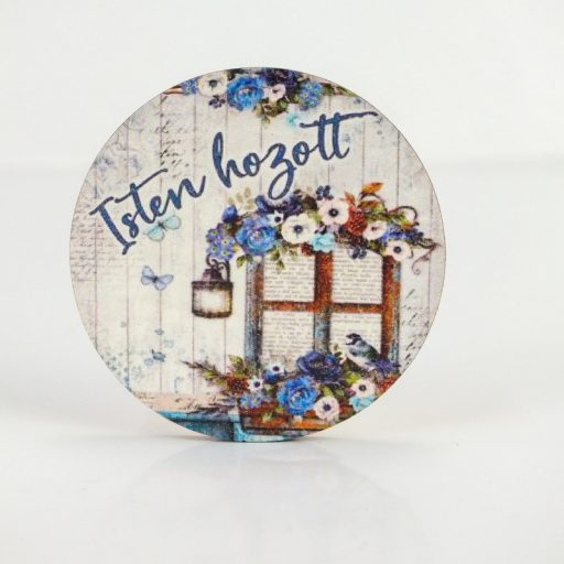 Nyomtatott fa tábla - Isten Hozott - kék, kör 1db – nyári dekorációhoz