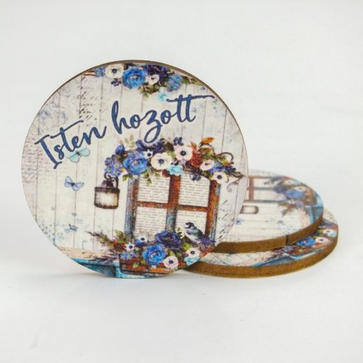 Nyomtatott fa tábla - Isten Hozott - kék, kör 3db/cs – nyári dekorációhoz