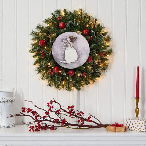 Nyomtatott fa tábla koszorú közép - Angyalkás csillagos 11,8cm – karácsonyi dekorációhoz