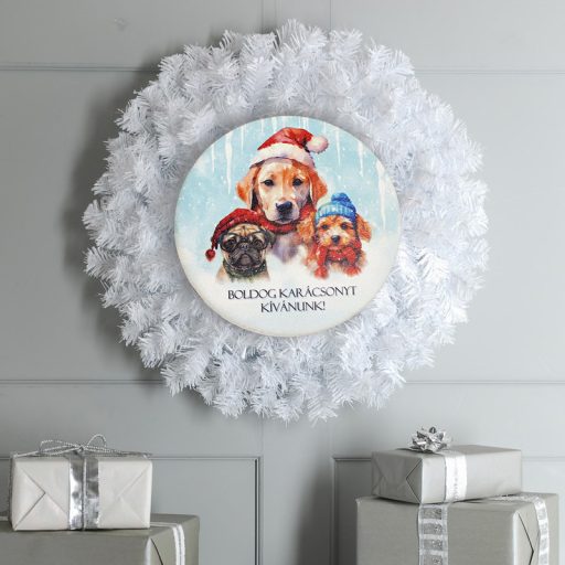 Nyomtatott fa tábla koszorú közép - Boldog karácsonyt kutyusos 14,8cm – karácsonyi dekorációhoz