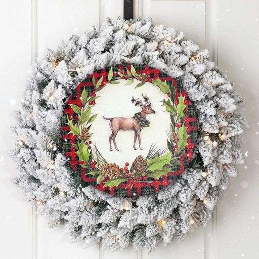 Nyomtatott fa tábla koszorú közép - Szarvasos piros kockás 14,8cm – karácsonyi dekorációhoz