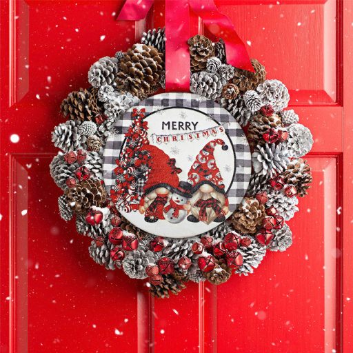 Nyomtatott fa tábla koszorú közép - Merry Christmas manós 14,8cm – karácsonyi dekorációhoz