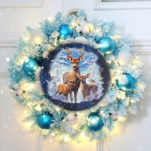 Nyomtatott fa tábla koszorú közép - Szarvas és őzikék 14,8cm – karácsonyi dekorációhoz