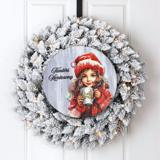 Nyomtatott fa tábla koszorú közép - Tündéri karácsony kislány 14,8cm – karácsonyi dekorációhoz