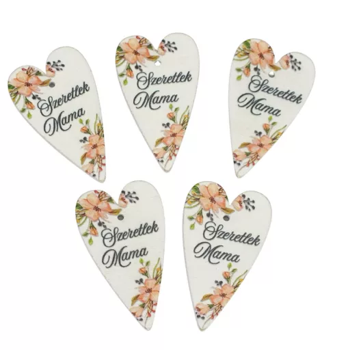 Nyomtatott fa tábla -Szeretlek mama szív 6cm 5db – anyák napi dekorációhoz