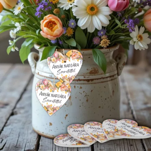 Nyomtatott fa tábla - Anyák napjára - virágos 4cm 5db – anyák napi dekorációhoz