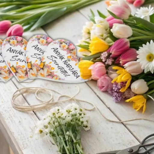 Nyomtatott fa tábla - Anyák napjára - virágos 4cm 5db – anyák napi dekorációhoz