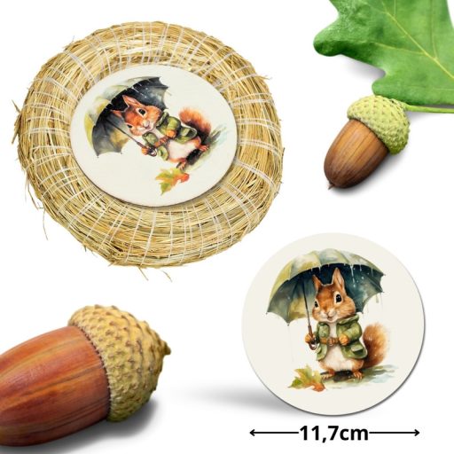 Nyomtatott fa tábla koszorú közép - Mókuska esernyővel 11,8 – kreatív dekorációhoz