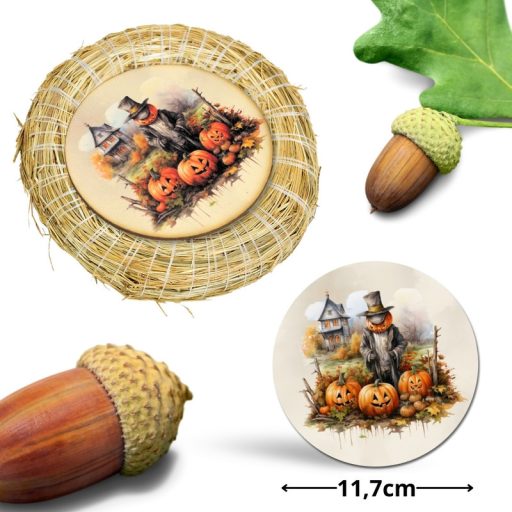 Nyomtatott fa tábla koszorú közép - Madárijesztő tökökkel 11,8 – őszi dekorációhoz