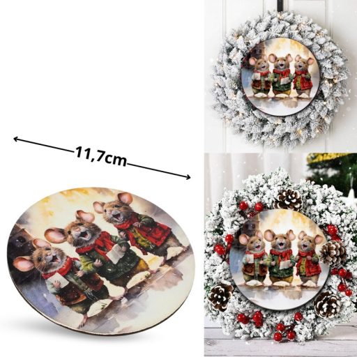 Nyomtatott fa tábla koszorú közép - Éneklő egérkék 11,8cm – karácsonyi dekorációhoz